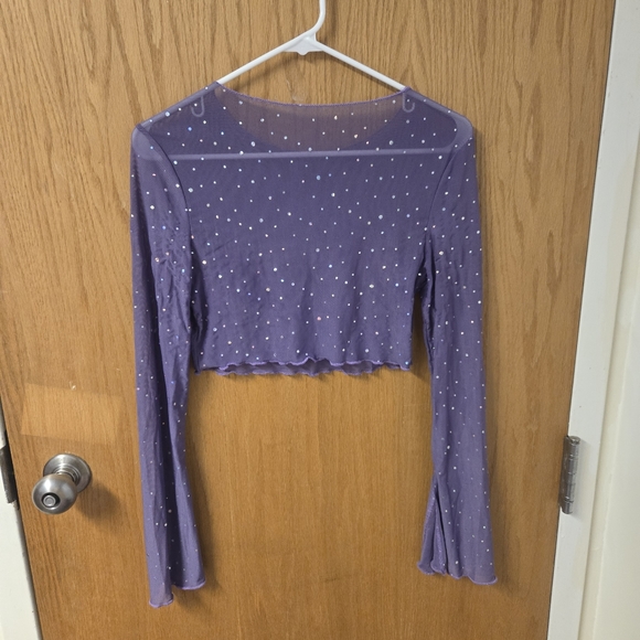 SHEIN BAE Lettuce Trim Flounce Sleeve Crop Sequin Mesh Top - Picture 5 of 7